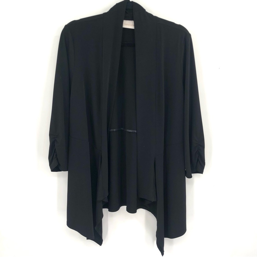 CHICO'S Black Cardigan Silky Liquid Knit Stretch Travel No Wrinkle 2 L OpenFront